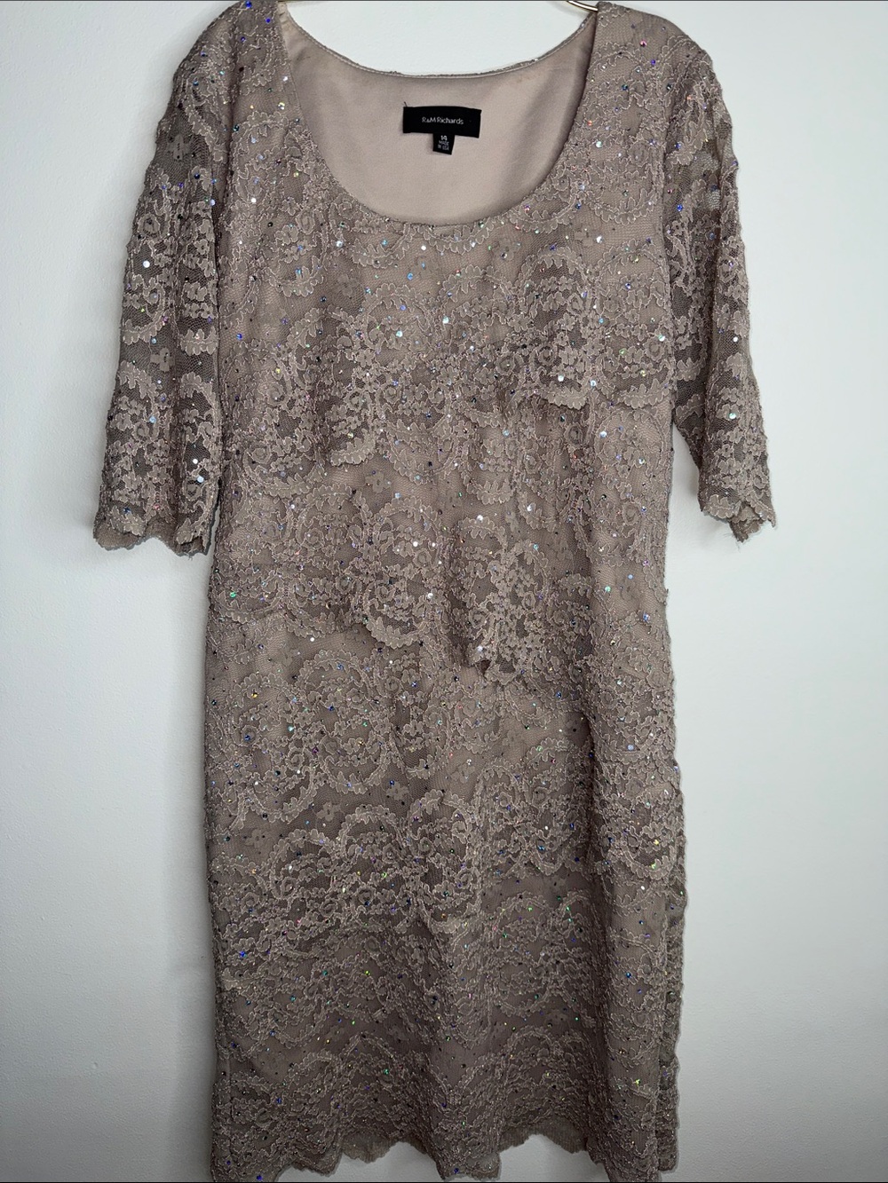 R&M Richards Taupe Lace Sequin Midi Dress